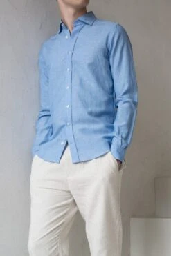 Linen Wool Woven Shirt Sky Blue 19 Linen Wool Woven Shirt Sky Blue -Kleding Winkel joe linnen campagne trap 2 y2