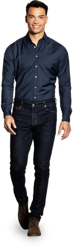 Joe Woven Shirt Extra Long Navy Blue -Kleding Winkel joe wovenshirt extralong darkblue staand